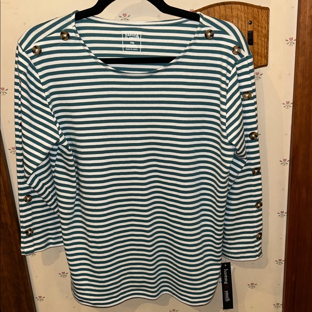 hasting and smith Striped Teal and White Button-Detail Top